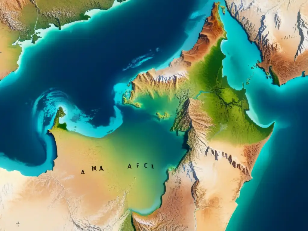 Mapa detallado del Cuerno de África con marcadores históricos, en tonos tierra y letras claras