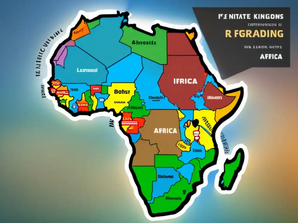 Mapa detallado de la diplomacia en reinos africanos a lo largo de la historia, con colores representativos y etiquetas descriptivas