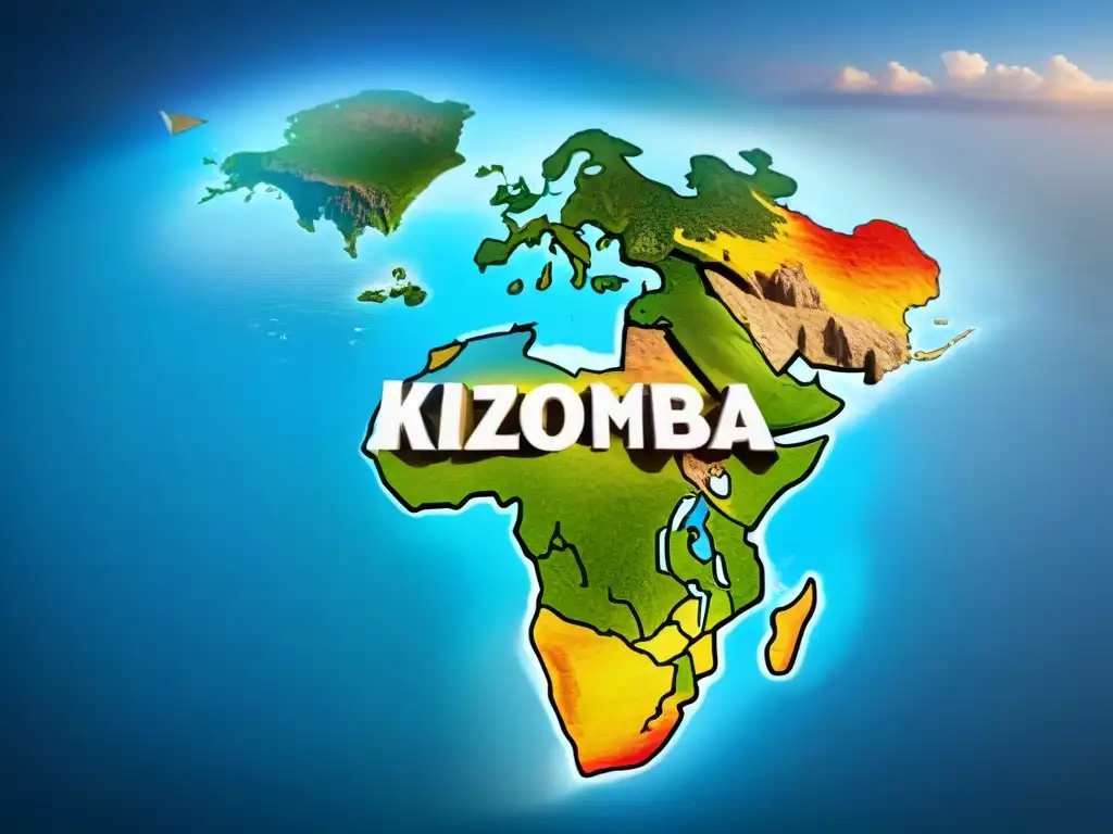 Mapa detallado destacando la expansión global de la kizomba desde Angola a distintos continentes, fusionando tradición y modernidad