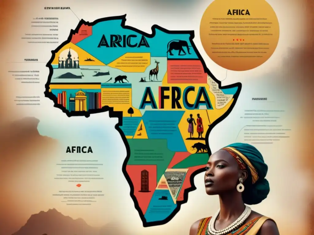 Un mapa detallado de África resaltando hitos literarios, figuras y símbolos icónicos que fusionan modernidad y tradición en la literatura africana