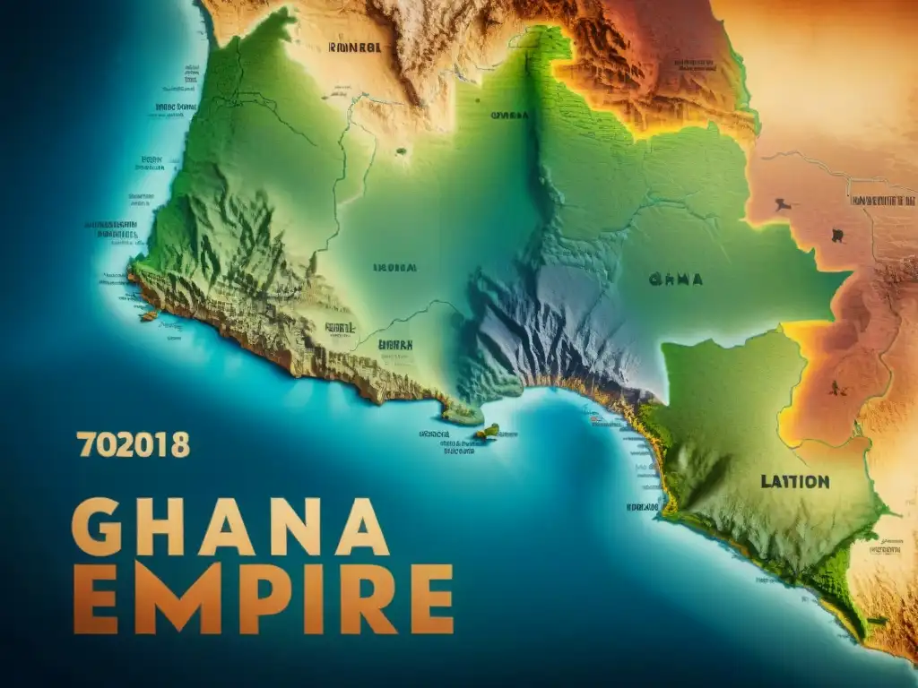 Mapa detallado de la evolución del Imperio de Ghana, destacando conquistas y rutas comerciales en tonos terrosos