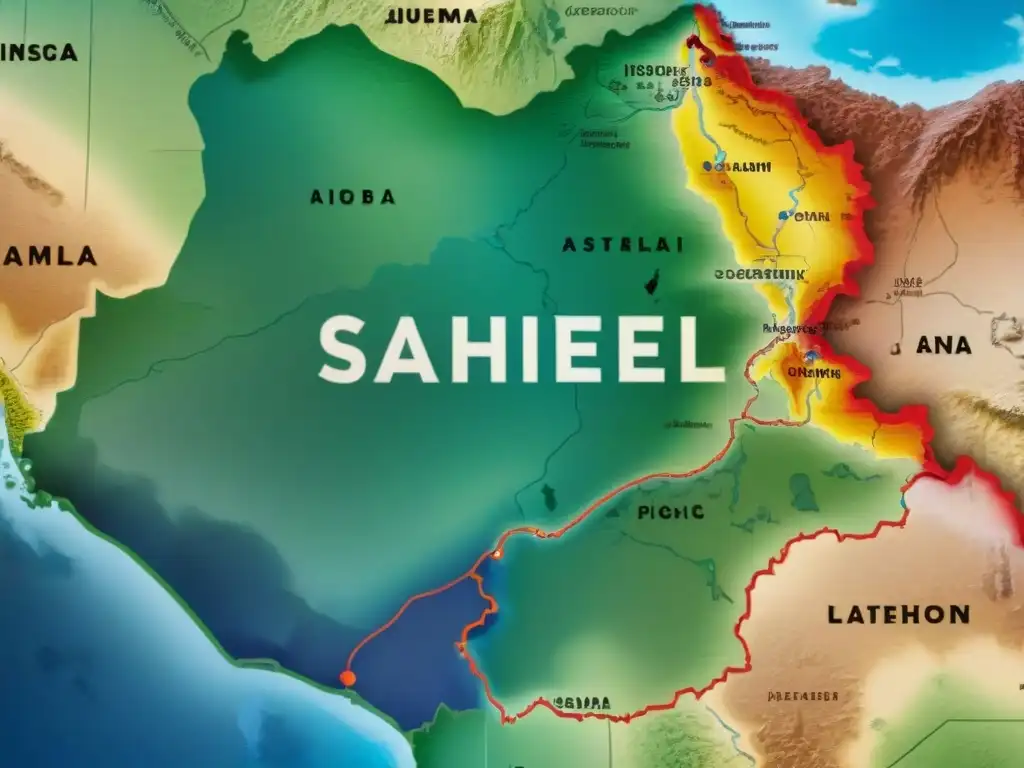 Mapa detallado de imperios y reinos en el Sahel, con tonos terrosos y diseños Sahelianos