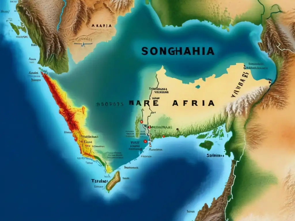 Mapa detallado del África Occidental en el siglo XVI, destacando el territorio del Imperio Songhai