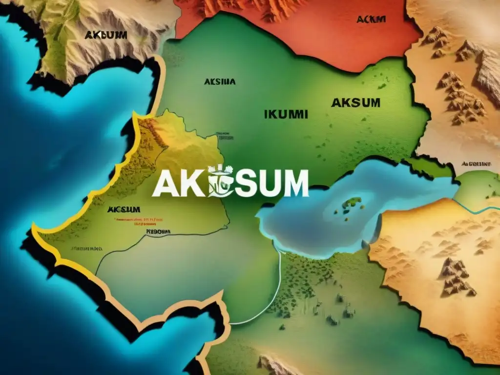 Mapa detallado del Reino de Aksum en su apogeo, destacando estrategias militares y conquistas