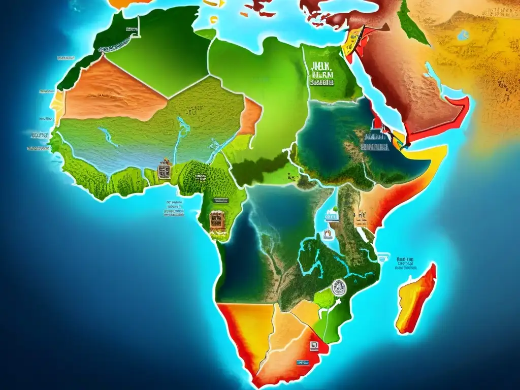 Mapa detallado mostrando la Evolución de los reinos africanos con colores vibrantes, hitos históricos y rutas comerciales