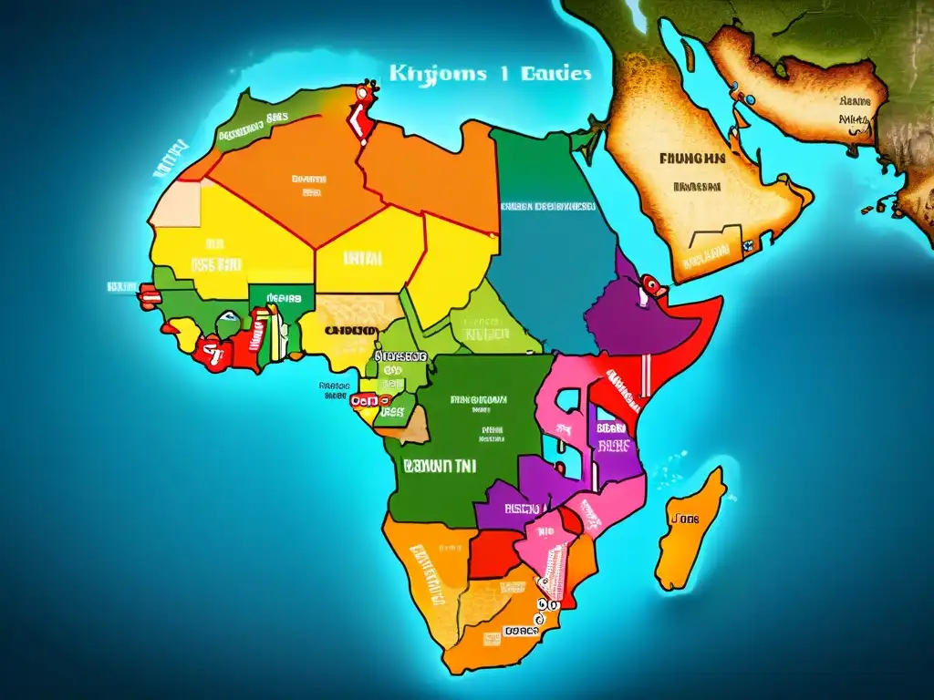 Mapa detallado de la evolución de los reinos africanos con colores vibrantes, fronteras e iconos culturales