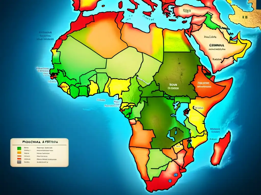 Mapa detallado de reinos precoloniales africanos influencia global, con colores vibrantes y fronteras intrincadas