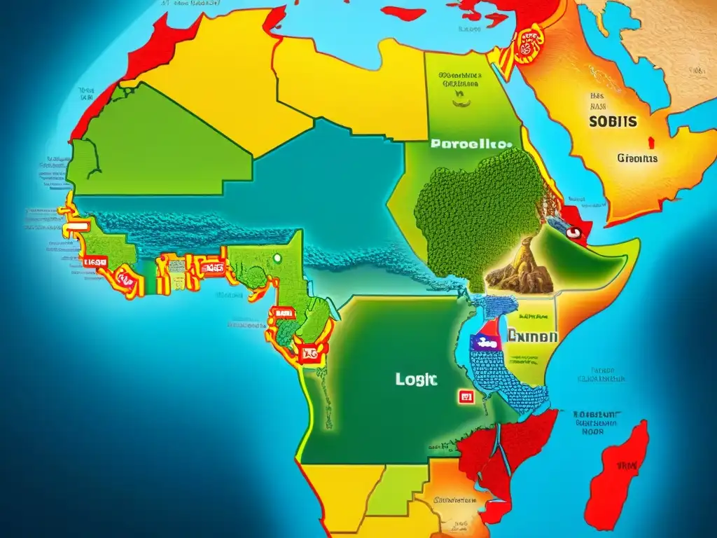 Mapa detallado de rutas comerciales de civilizaciones africanas antiguas, con artefactos culturales vibrantes