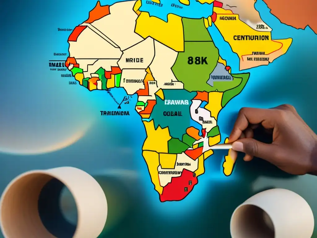 Un mapa detallado de rutas comerciales africanas centenarias, ilustrando conexiones, hubs y productos intercambiados