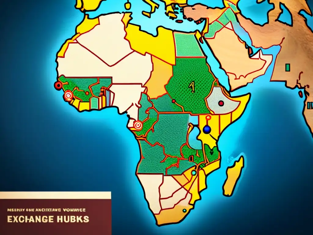 Mapa detallado de rutas comerciales en África precolonial con símbolos y colores vibrantes, realzando el intercambio y crédito en África