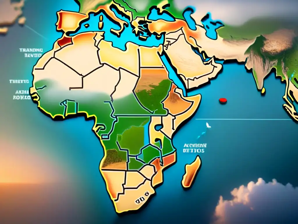 Mapa detallado de rutas comerciales entre África y Asia en la antigüedad, resaltando la influencia africana en la corte asiática