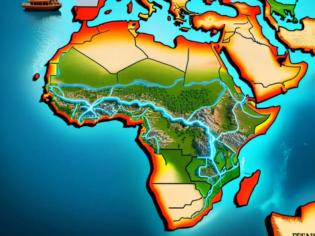 Mapa detallado de rutas comerciales antiguas entre África y Asia, con caravanas, barcos y mercados bulliciosos