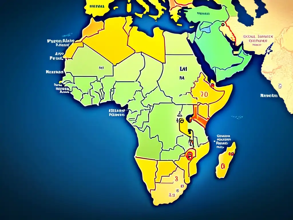 Mapa detallado de las rutas comerciales clave e ciudades influyentes en África durante la expansión del islam, con colores vibrantes resaltando la influencia islámica en el continente