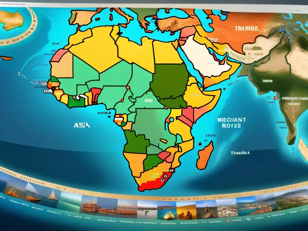 Mapa detallado de rutas comerciales antiguas, resaltando la importancia de civilizaciones africanas en la globalización