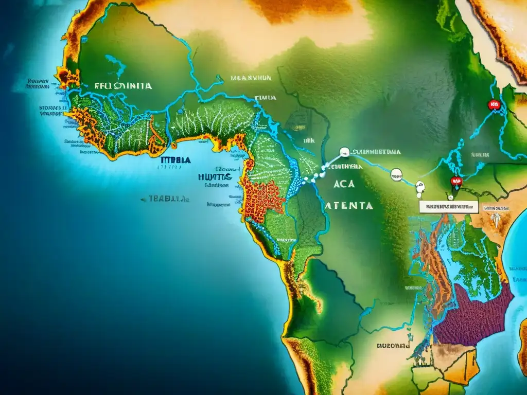 Mapa detallado de rutas comerciales en la África Central precolonial, destacando territorios tribales y hubs comerciales clave