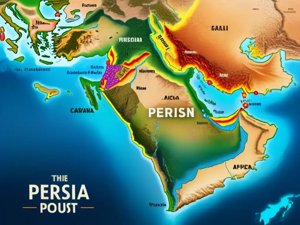 Mapa detallado de rutas comerciales de Persia al Cuerno de África, con intercambio cultural y mercantil