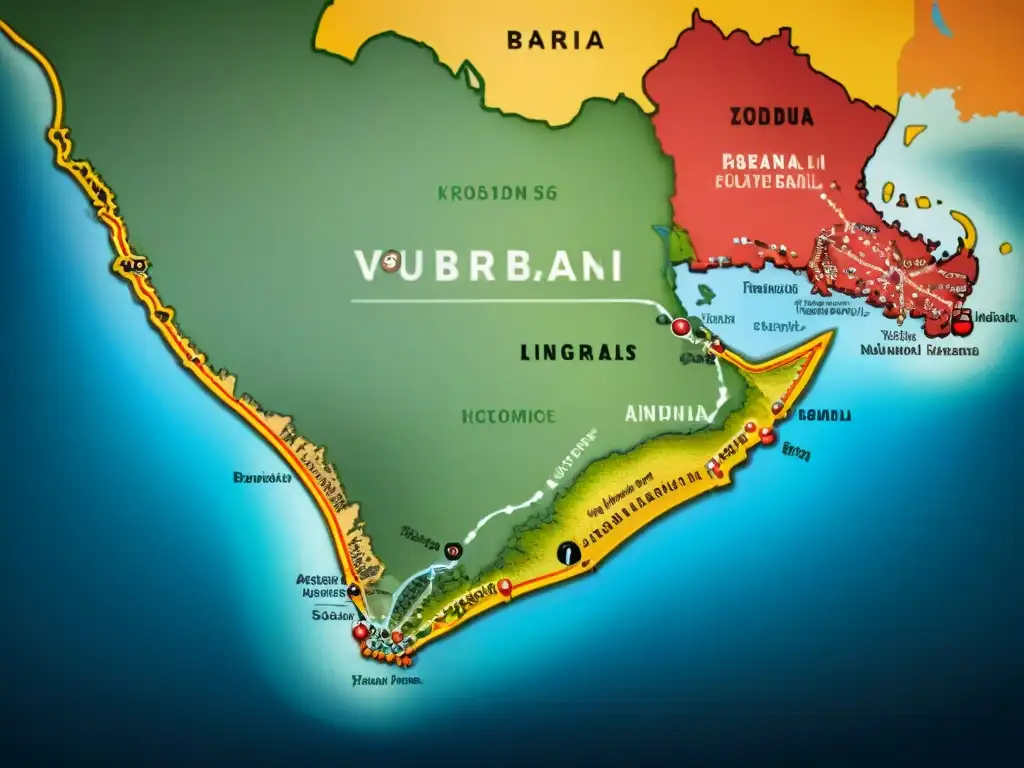 Mapa detallado de las rutas comerciales entre los reinos Yoruba y Brasil colonial, mostrando intercambios culturales e influencias