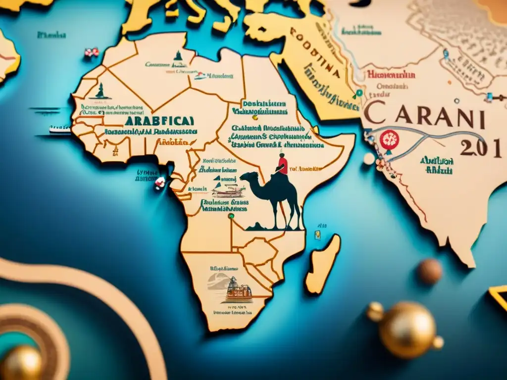 Mapa detallado de rutas comerciales árabe-africanas con ilustraciones de camellos, mercados y caravasares antiguos