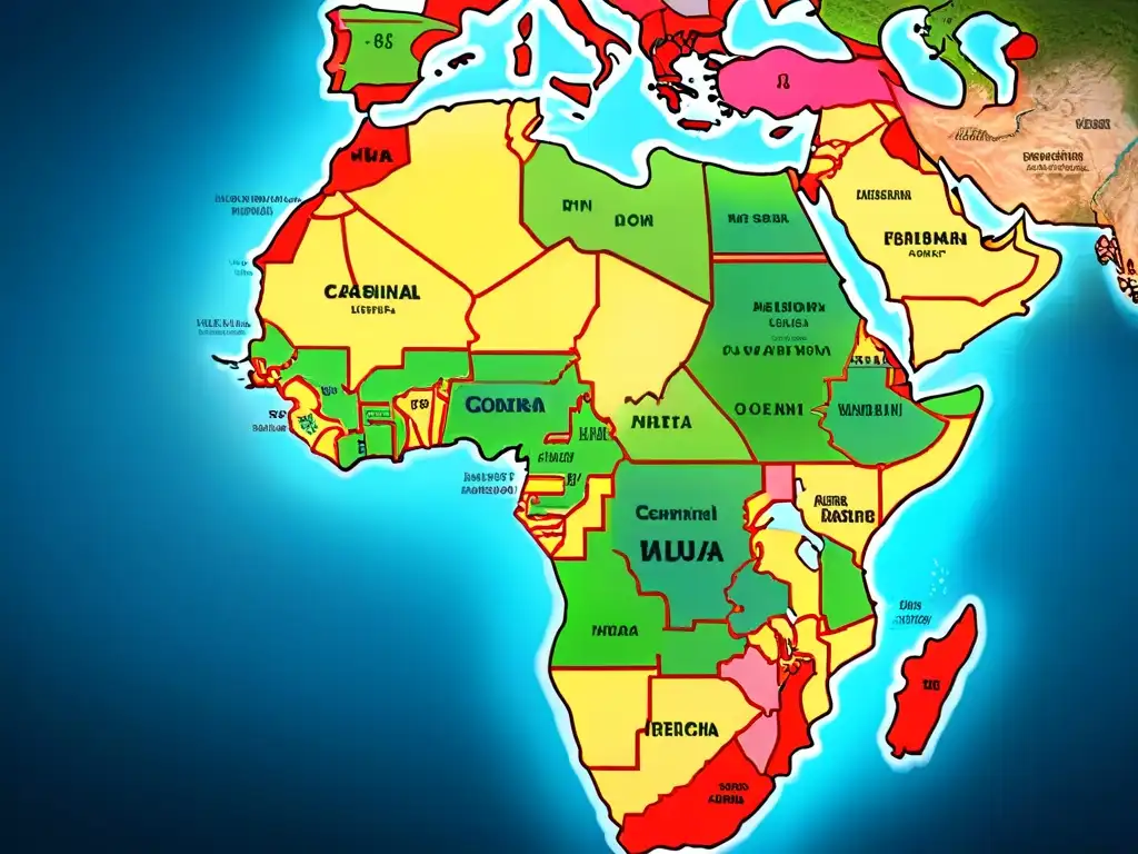 Mapa detallado de rutas comerciales antiguas en África, con colores vibrantes y paisajes históricos