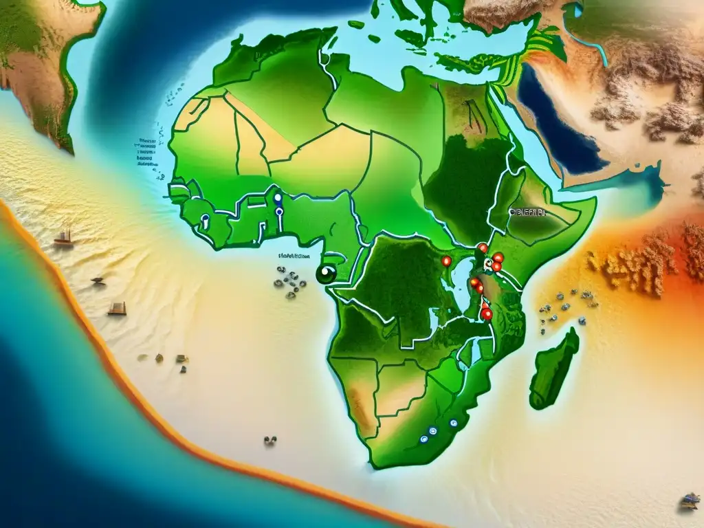 Mapa detallado de las rutas de comercio marfil en África precolonial, destacando la red de caminos desde el interior hasta los puertos costeros