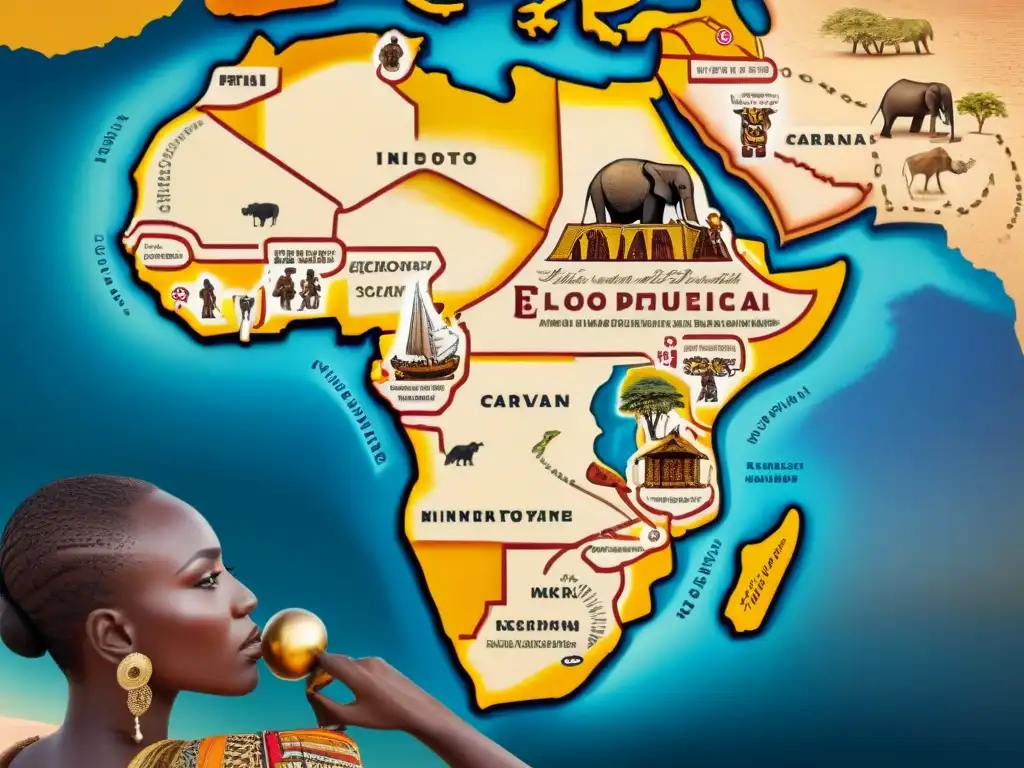 Mapa detallado de sistemas económicos precoloniales africanos: rutas comerciales, mercados y bienes clave