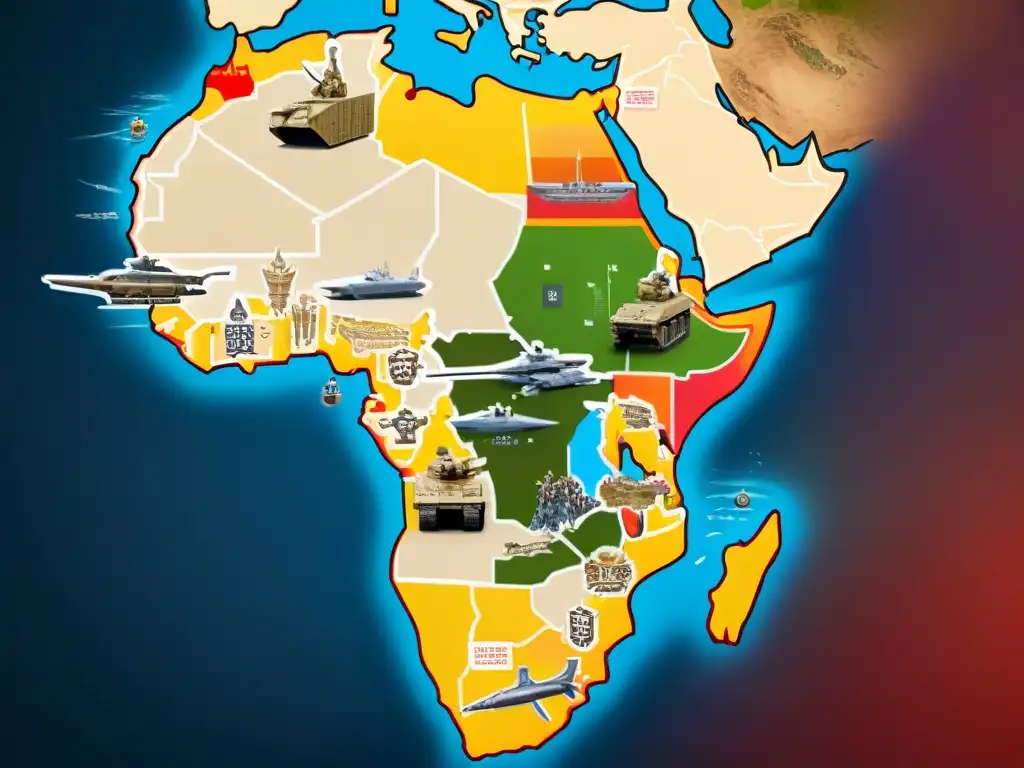 Mapa detallado de África con tecnología militar en reinos africanos representada en ilustraciones intrincadas y colores vibrantes