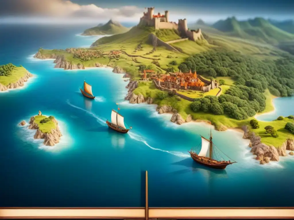 Mapa medieval detallado de las expediciones en busca de Preste Juan, con ilustraciones de paisajes, barcos y exploradores enfrentando desafíos