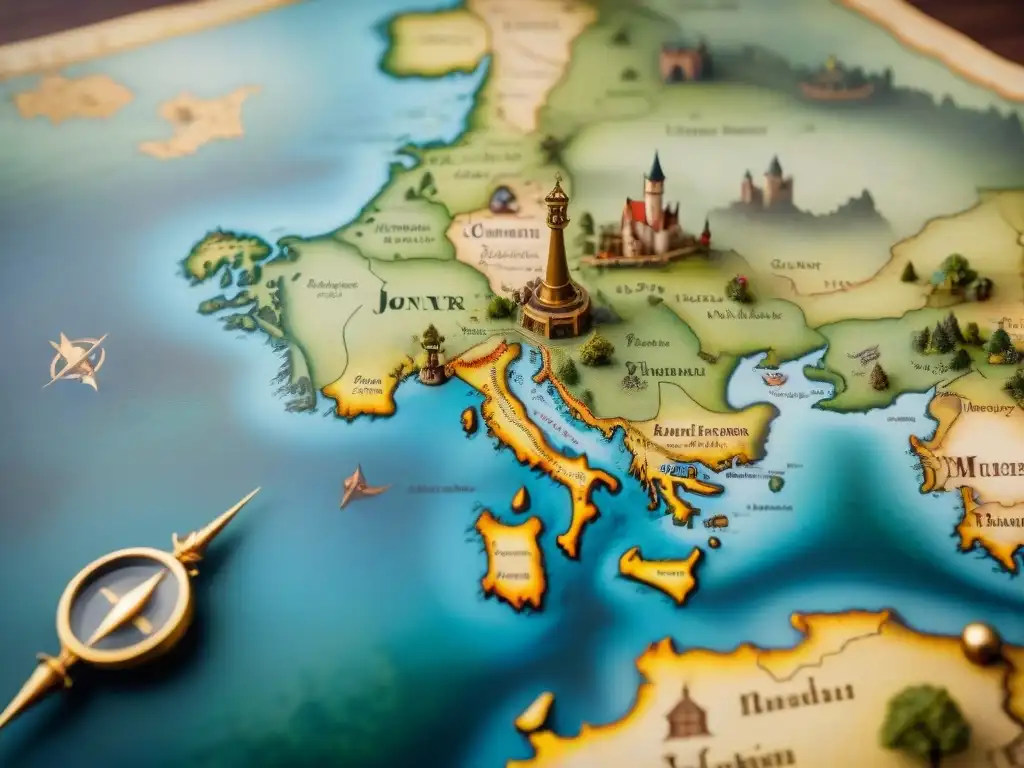 Mapa medieval detallado del reino legendario de Prester Juan, con criaturas míticas y paisajes exóticos