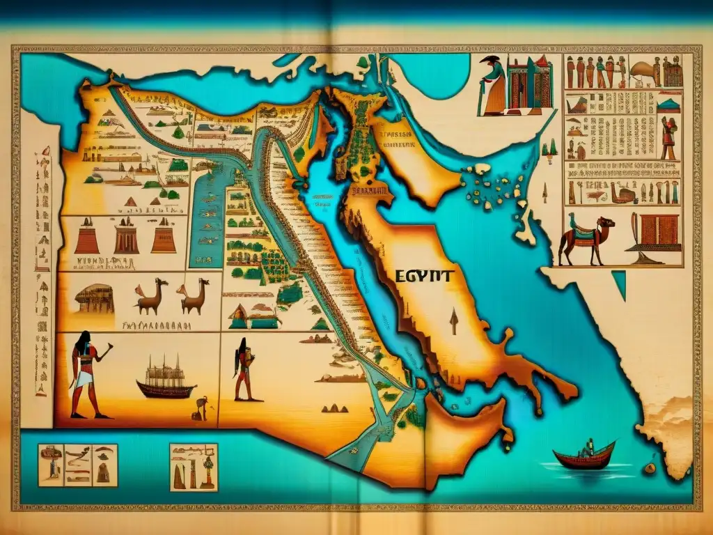 Mapa papiro detallado de comercio antiguo en Egipto y África: puertos, camellos y barcos en rutas mediterráneas