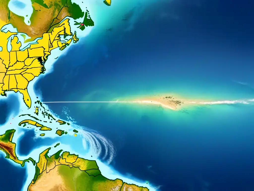 Mapa satelital de alta resolución con rutas comerciales antiguas en el Océano Atlántico, evidenciando viajes transoceánicos africanos