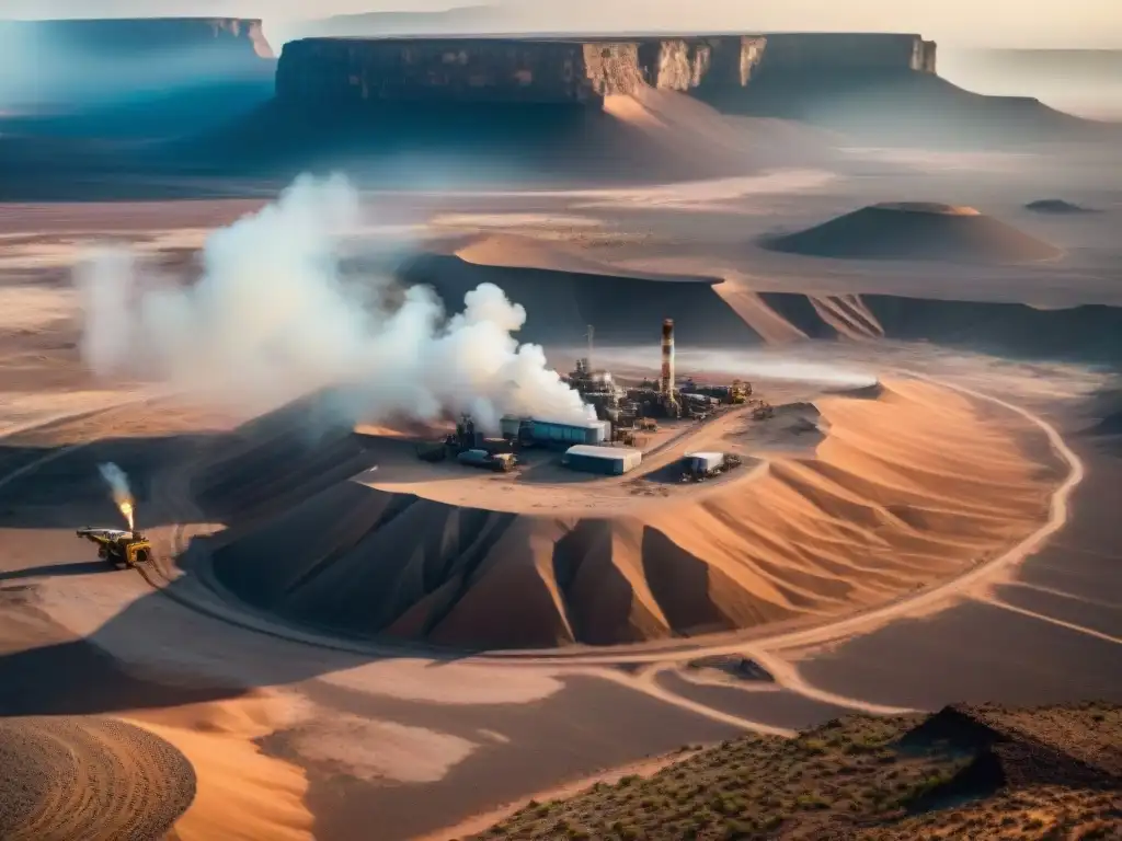 Maquinaria pesada en el desierto de África, simbolizando el uso del uranio en la región