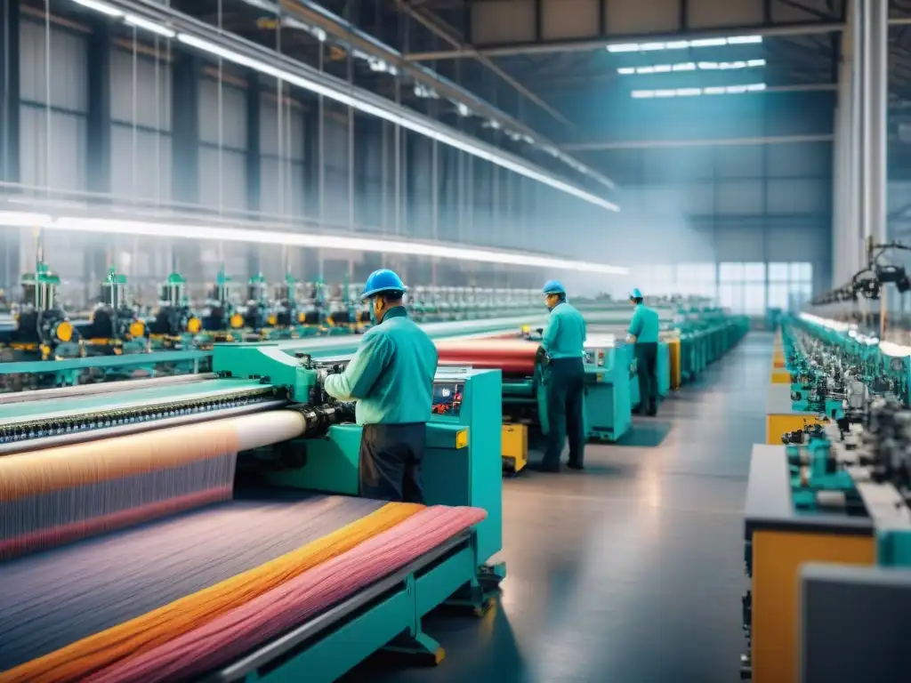 Maquinaria textil moderna fusionando colores en patrones detallados, trabajadores supervisando el proceso en fábrica tecnológica