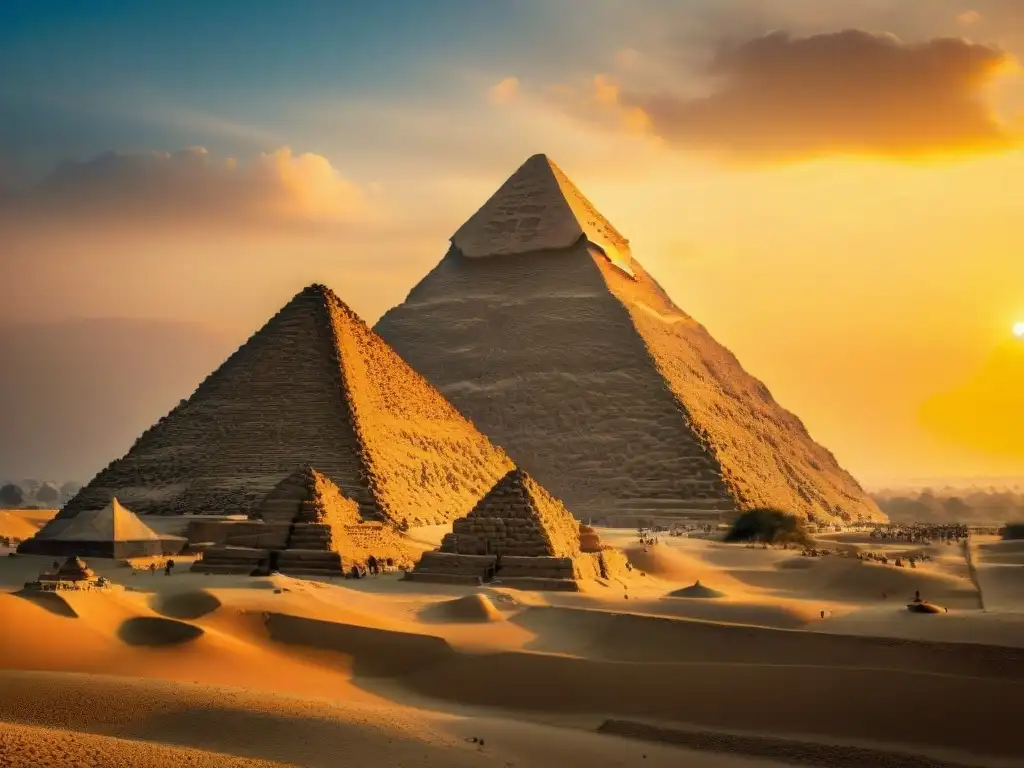 Maravilla atemporal de las Grandes Pirámides de Giza al atardecer dorado