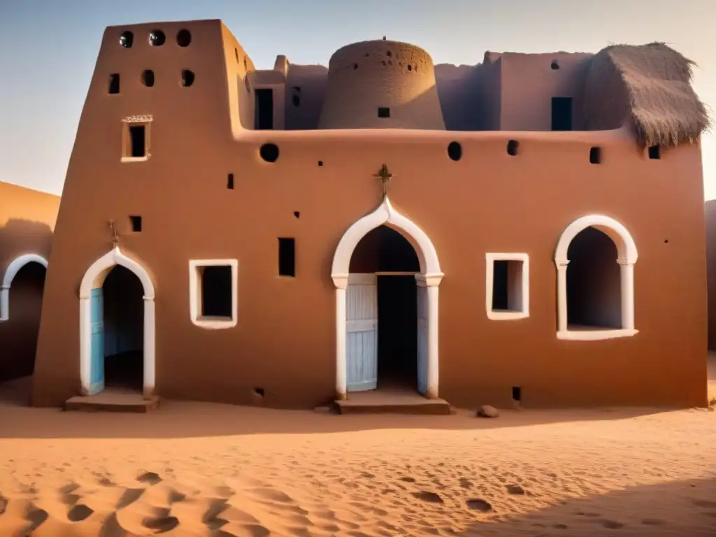 Maravillosa arquitectura sudanesa con enfriamiento pasivo y sostenibilidad en un patio soleado rodeado de edificios de ladrillo y ventanas pequeñas