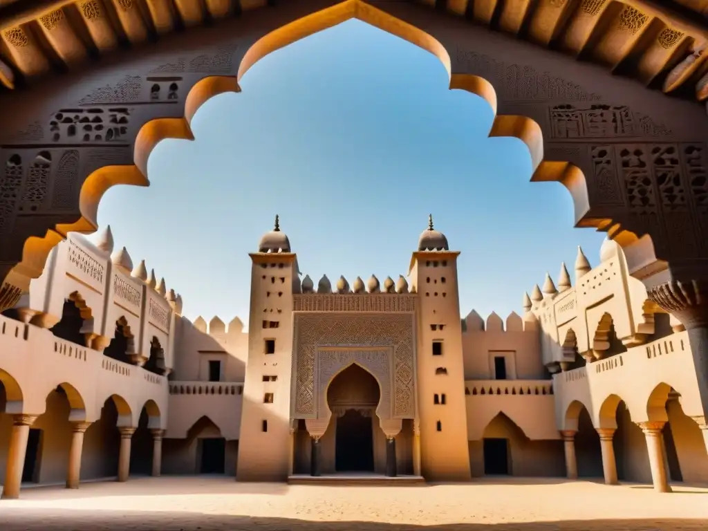 Maravillosa imagen 8k de la Gran Mezquita de Djenné en Mali, destacando su arquitectura de adobe con detalles intrincados y vigas de madera