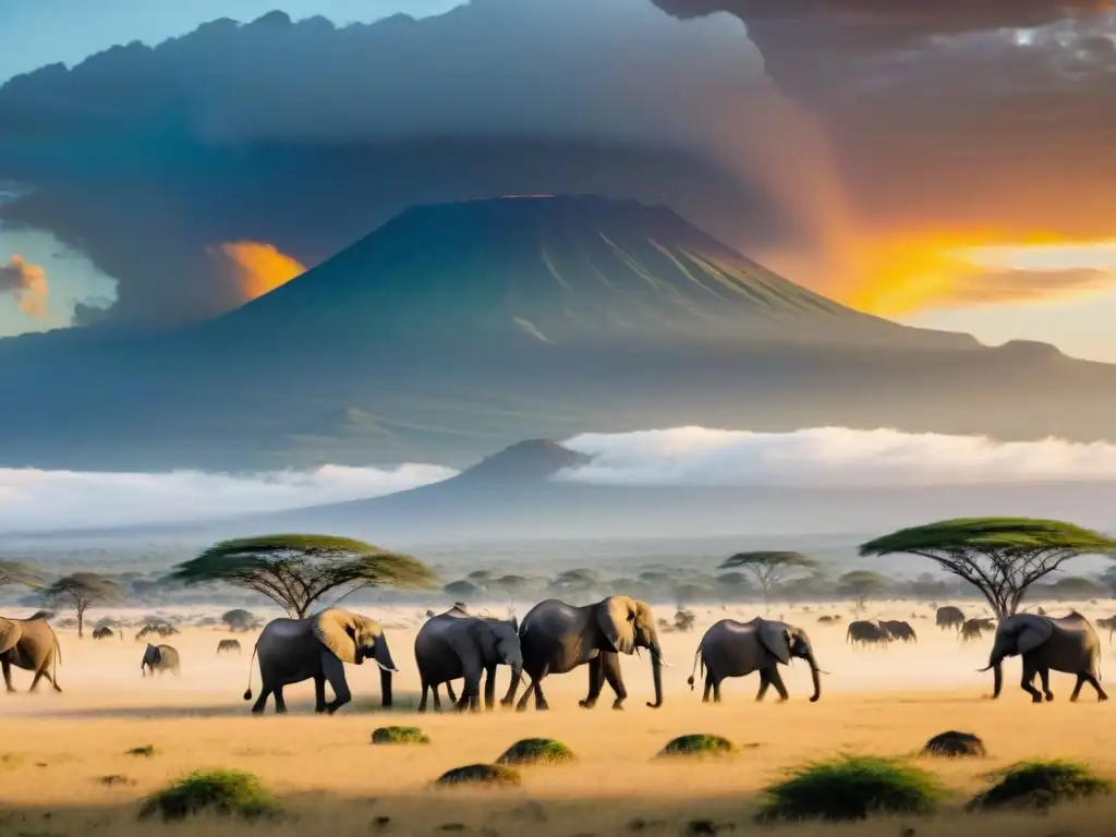 Maravillosa vista del Serengeti al atardecer, con elefantes, jirafas y cebras