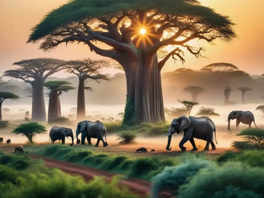 Maravilloso amanecer en África con desarrollo sostenible, baobabs, aves coloridas y elefantes, reflejando la innovación ecológica