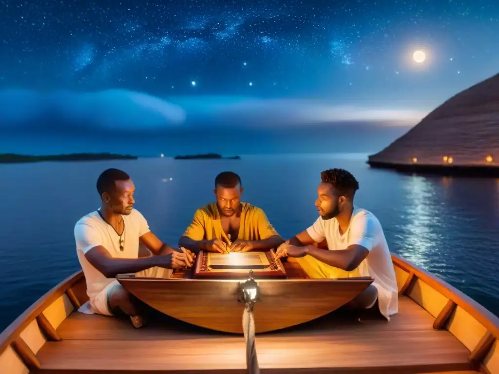 Marineros africanos estudian la navegación celestial en una noche estrellada en barco de madera, con instrumentos tradicionales y mapas