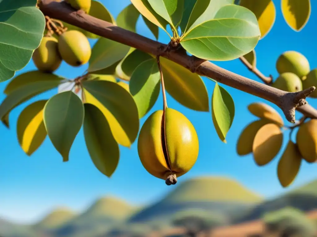 Marula maduro en rama, piel verde arrugada, hoja y savana africana al fondo