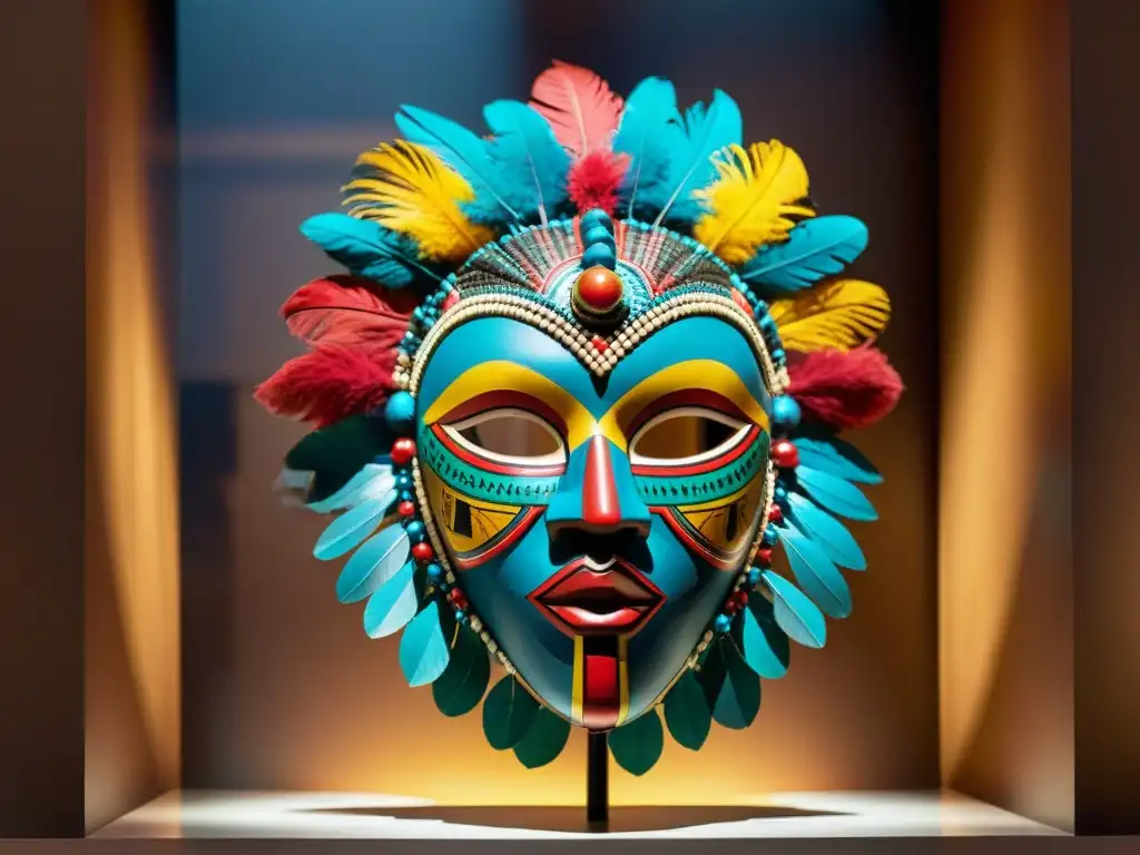 Una máscara africana detallada y vibrante en un museo iluminado débilmente, expresión de arte africano, libertad y cultura