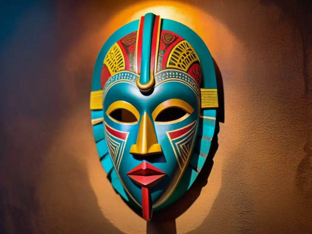 Una máscara africana tallada con colores vibrantes y patrones detallados, simbolizando sabiduría y fuerza en una sala de museo iluminada