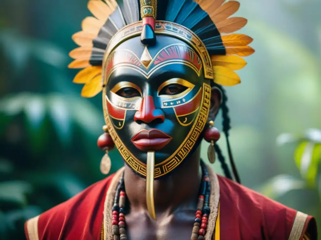 Máscara africana tallada con colores vibrantes en ritual tribal bajo la luz del sol en la selva africana