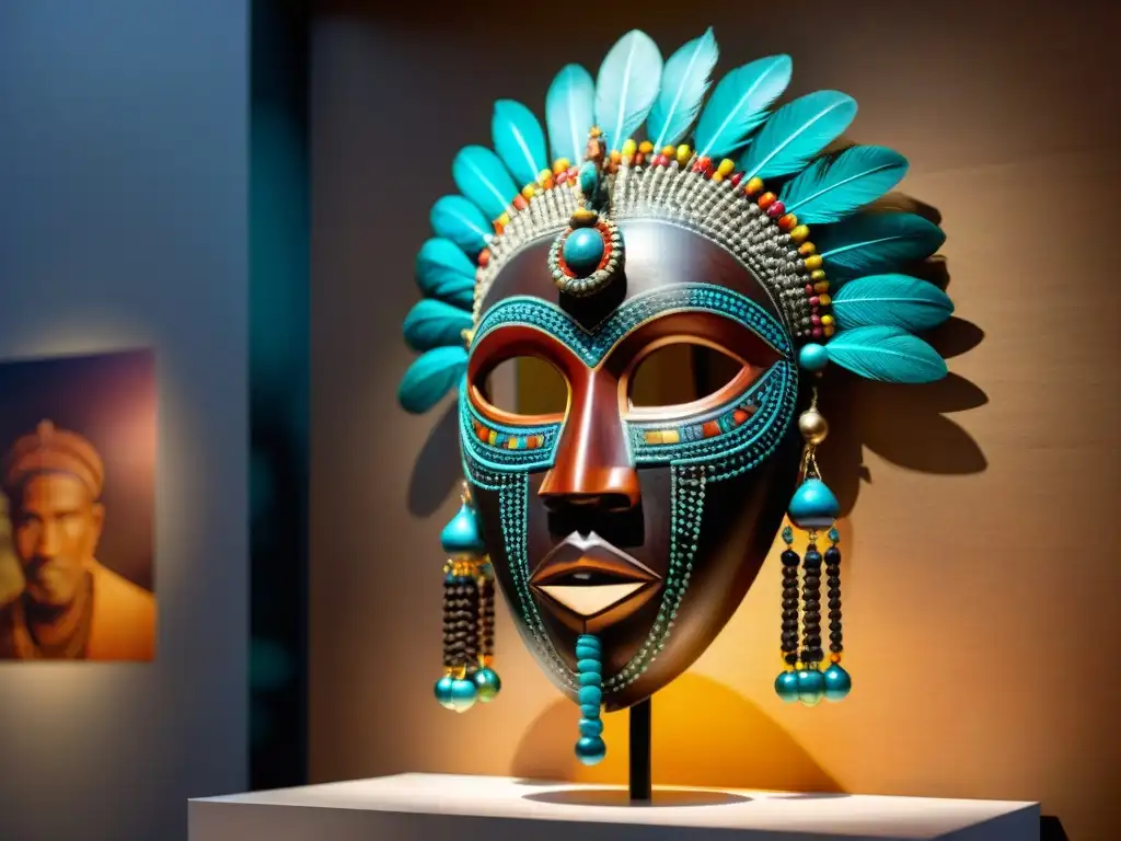 Una máscara africana tallada con detalle, adornada con cuentas y plumas, expone misterio y espiritualidad en una exhibición de museo