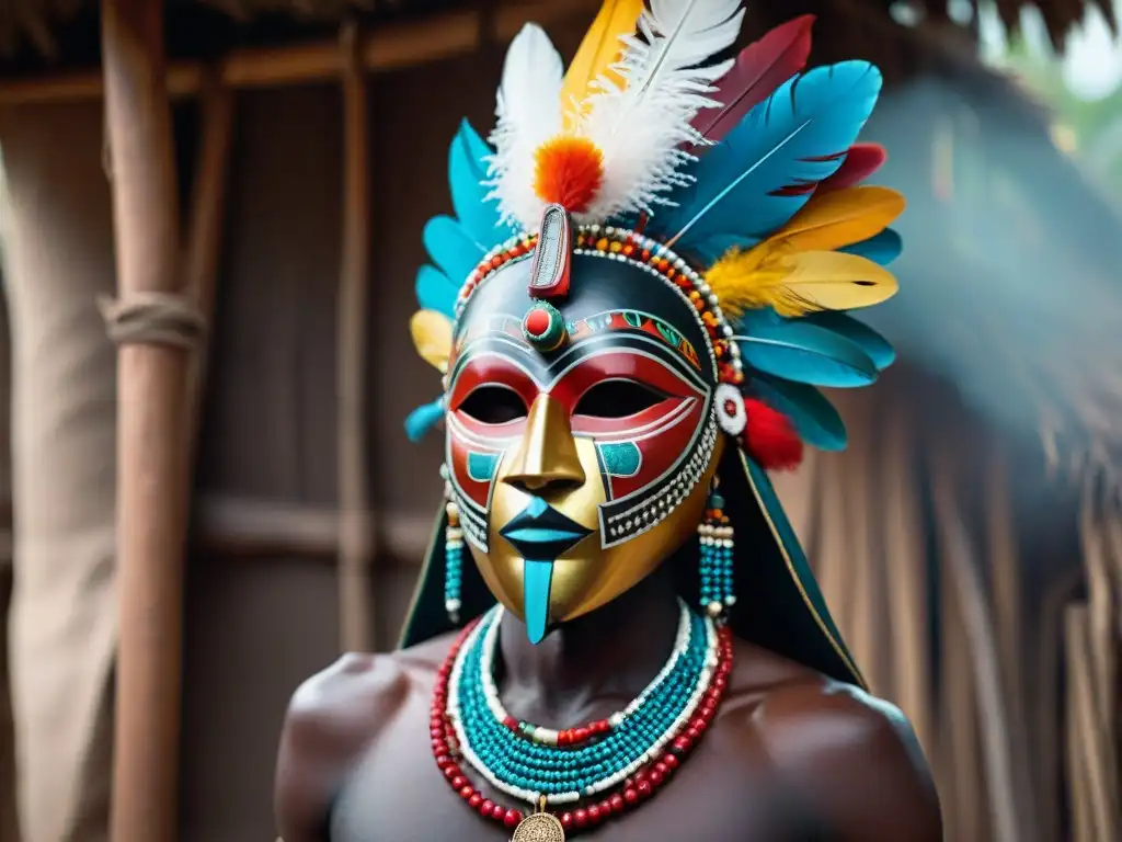 Una máscara de madera adornada con cuentas y plumas, en una choza ceremonial en una aldea africana