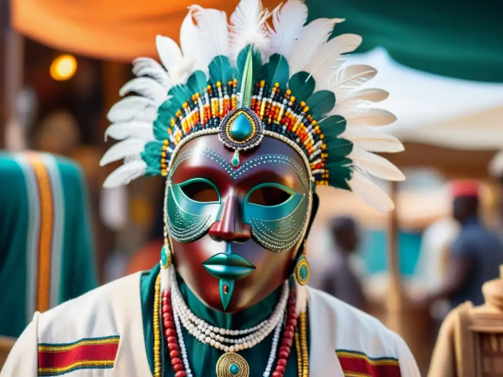 Una máscara de madera adornada con cuentas y plumas, reflejando la medicina tradicional africana conocimientos ancestrales en un mercado bullicioso