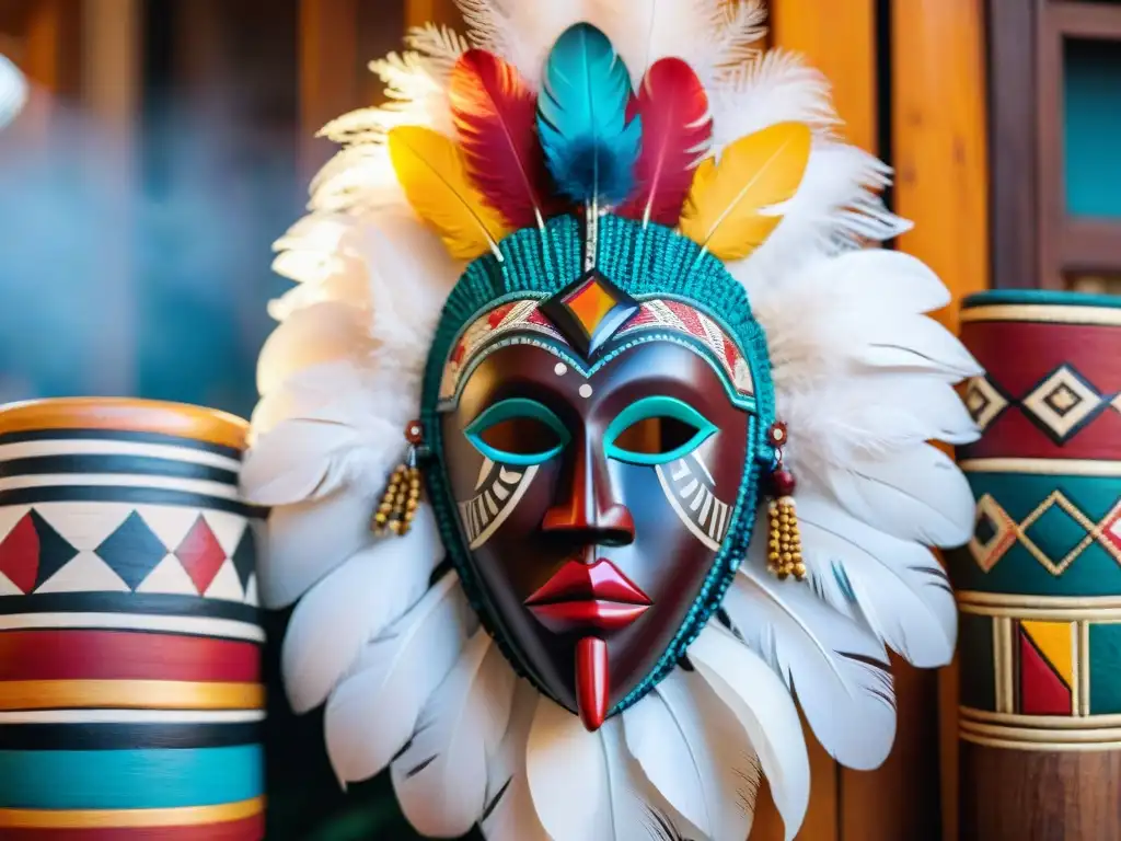 Máscara africana tallada a mano: arte y cultura en África Máscara de madera tallada con grabados simbólicos y colores vibrantes, representando el arte africano auténtico en un mercado local bullicioso