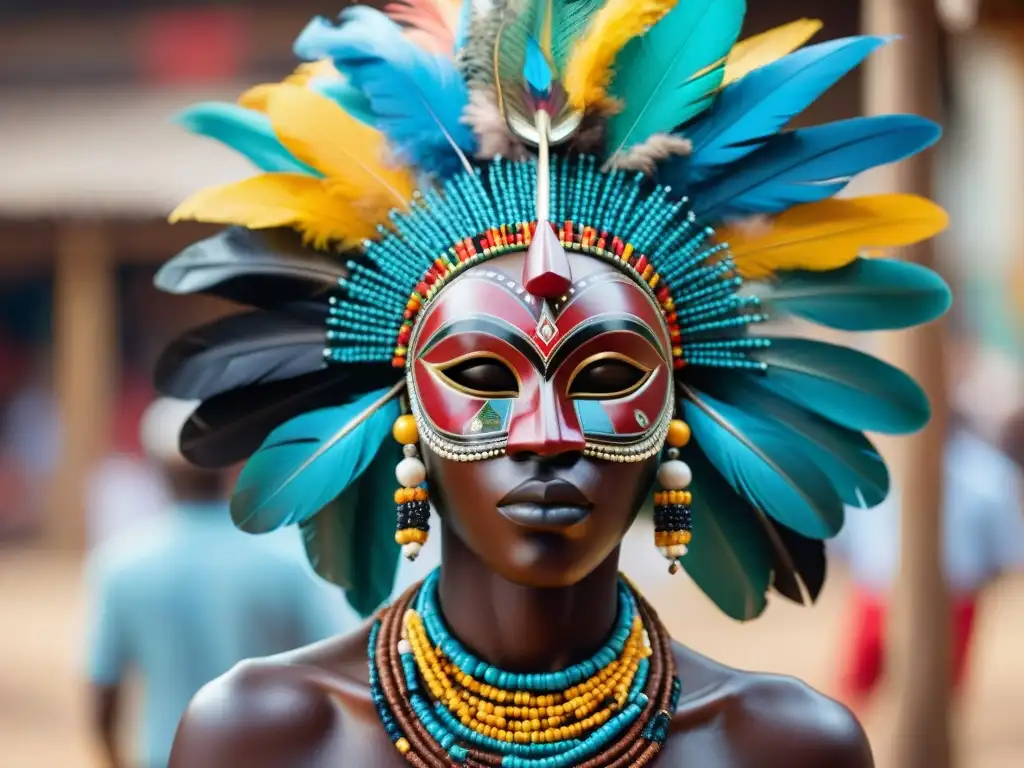 Máscara tallada con detalle, adornada con cuentas y plumas, en mercado africano