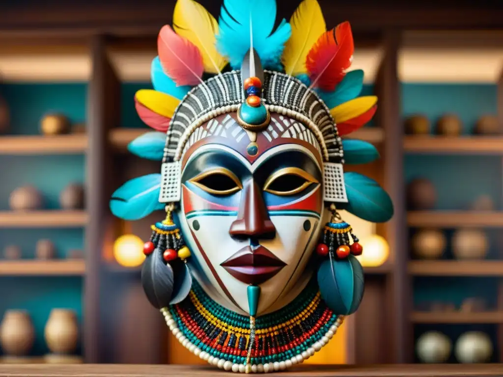 Máscara tribal africana: detalle y colorido ancestral Una máscara tribal africana detallada, con cuentas y plumas coloridas, en un ambiente cultural