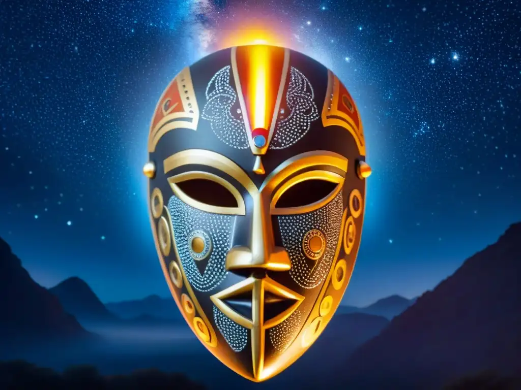 Arte tribal africano bajo las estrellas: máscara ancestral iluminada Máscara tribal africana iluminada por el fuego junto al cielo estrellado, mostrando la influencia de la cosmología africana en la física moderna