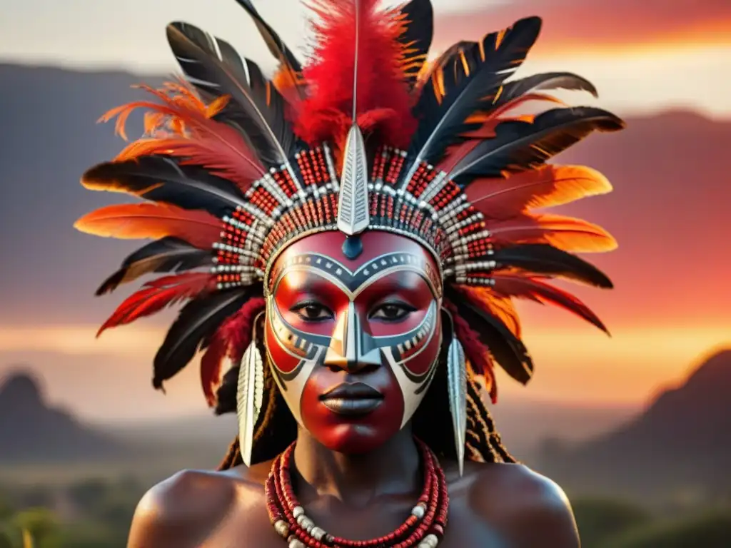 Una máscara tribal africana con plumas rojas intensas, simbolizando el poder y protección en rituales africanos